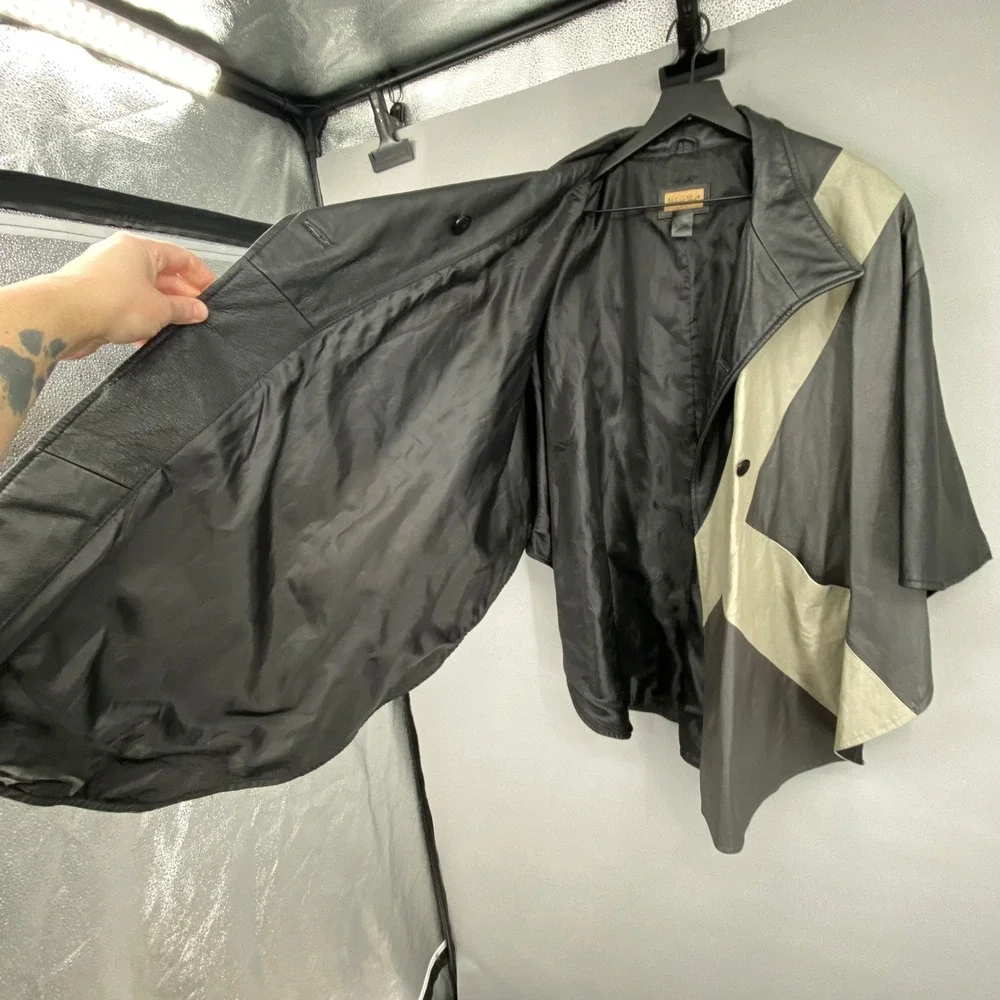 Vintage Midnight Velvet Leather Poncho Cape Jacket Black Patchwork Chevron‎ OS